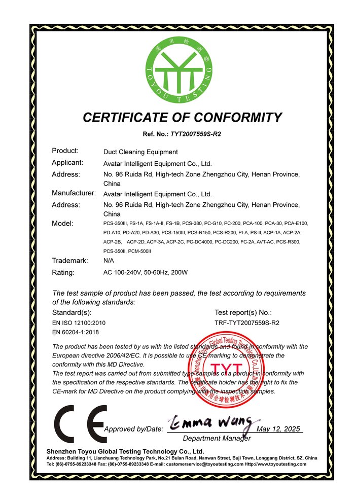 CE Certificate of Conformity for Avatar duct cleaning equipment, EN ISO 12100 and EN 60204-1, issued May 2025