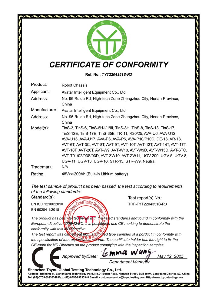 CE Certificate of Conformity for Avatar robot chassis, EN ISO 12100 and EN 60204-1, issued May 2025
